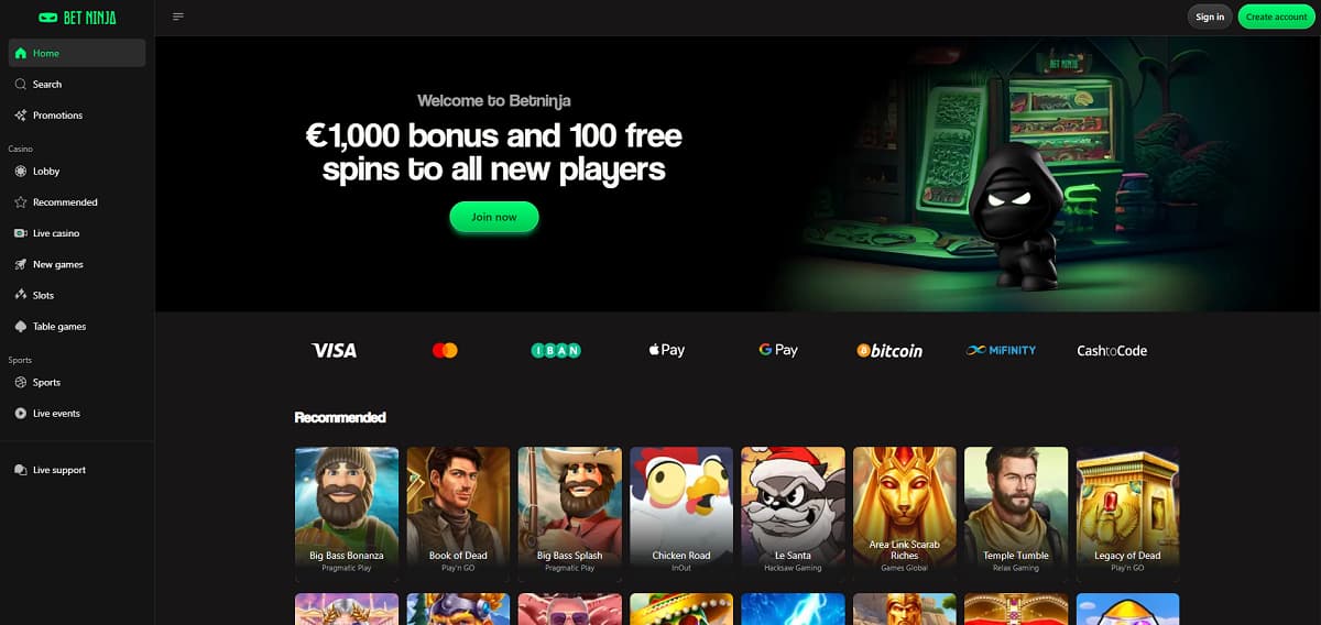 Betninja punktet als vielseitiges Online Casino mit einem attraktiven dreiteiligen Bonuspaket und bietet zudem die wohl breiteste Zahlungsauswahl im Test – von klassischen Methoden über Apple Pay bis hin zu Kryptowährungen.