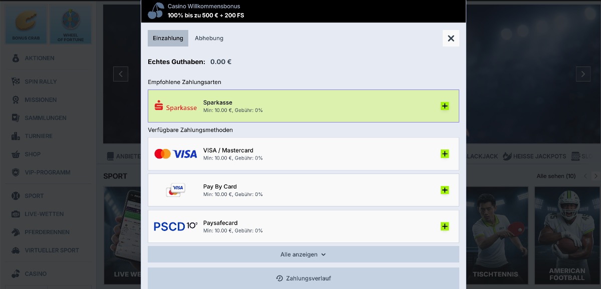 Einzahlungen im Zoccer Online Casino