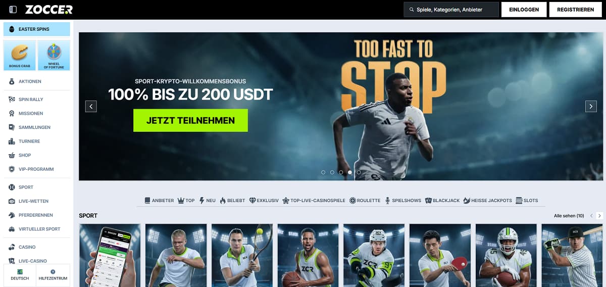 Zoccer ist ein erstklassiges Online Casino, das mit einer beeindruckenden Auswahl von über 9.600 Spielen und zwei individuell wählbaren Willkommensangeboten sowohl vorsichtige Einsteiger als auch erfahrene Bonusjäger perfekt abholt.